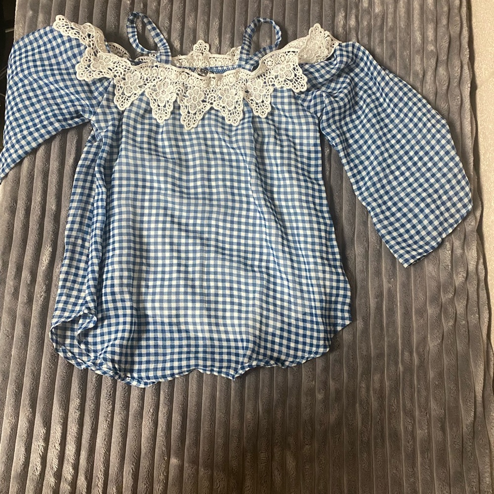 Beautees Blue and White Gingham Blouse with Lace